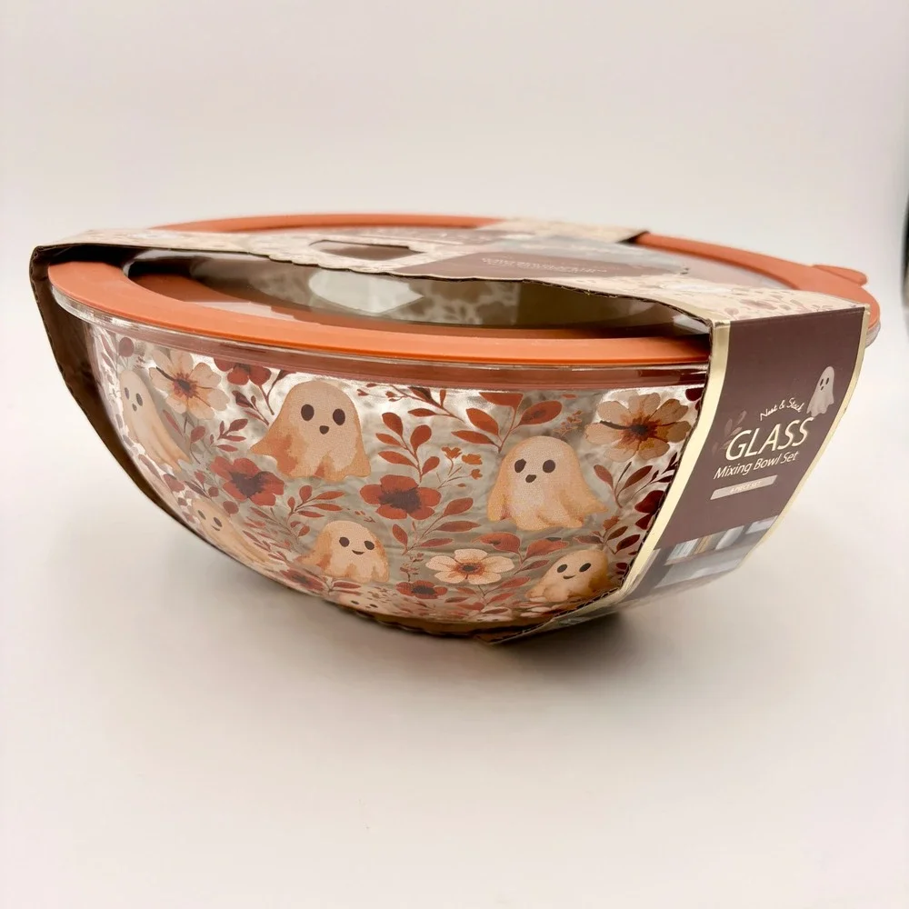 FreshBox Nest & Stack Halloween Ghost Floral Glass Mixing Bowl Set 6 Piece NEW
